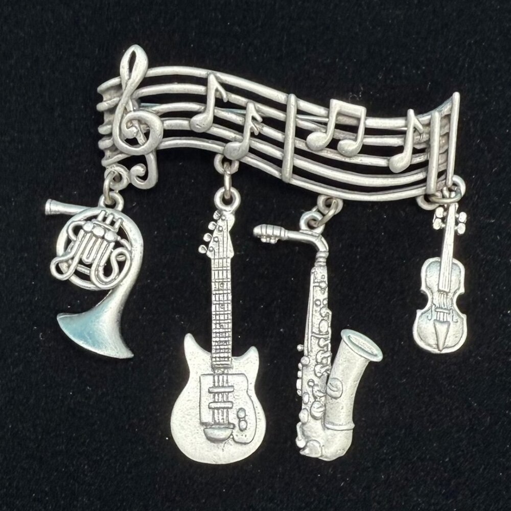 Vintage JJ Jonette Music Staff Dangling Instruments Silver Tone Brooch Pin